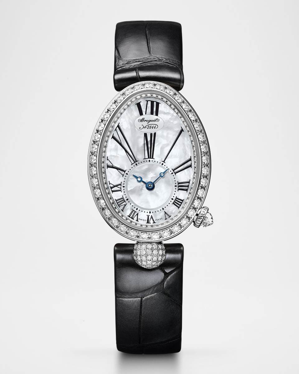 Reine de Naples 18K White Gold Oval 25mm Watch with Diamonds and Mother-Of-Pearl